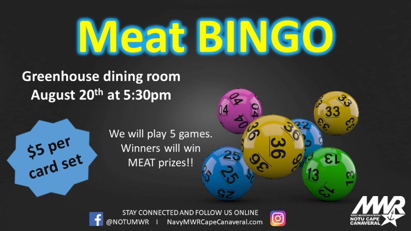 Ad for Meat Bingo event on August 20 at 5:30 pm at the Greenhouse.