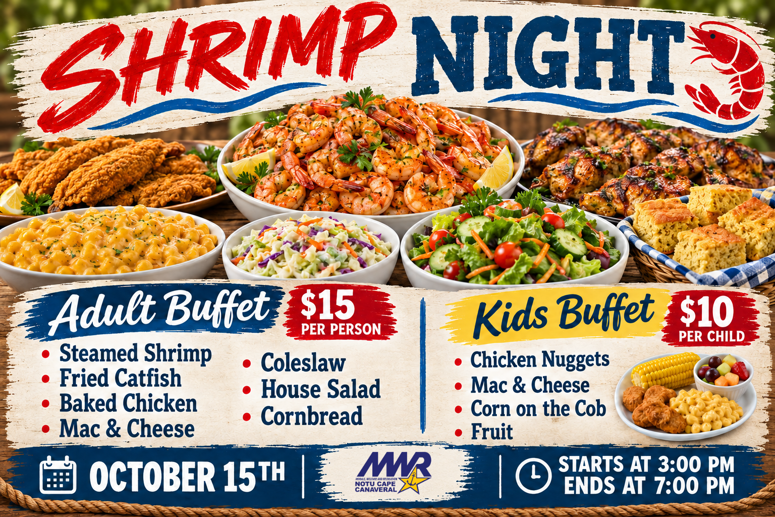 Ad for Shrimp Night on October 15 at the Greenhouse from 3 - 7 pm.