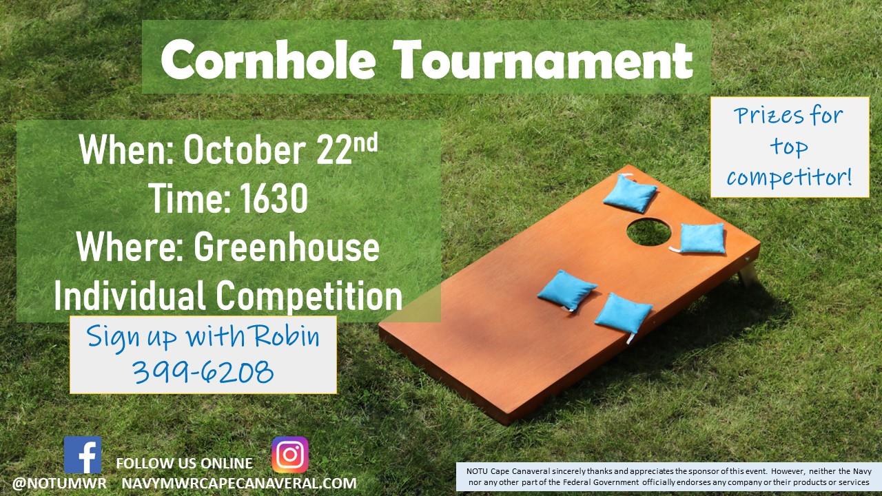 Ad for the cornhole tournament event on October 22