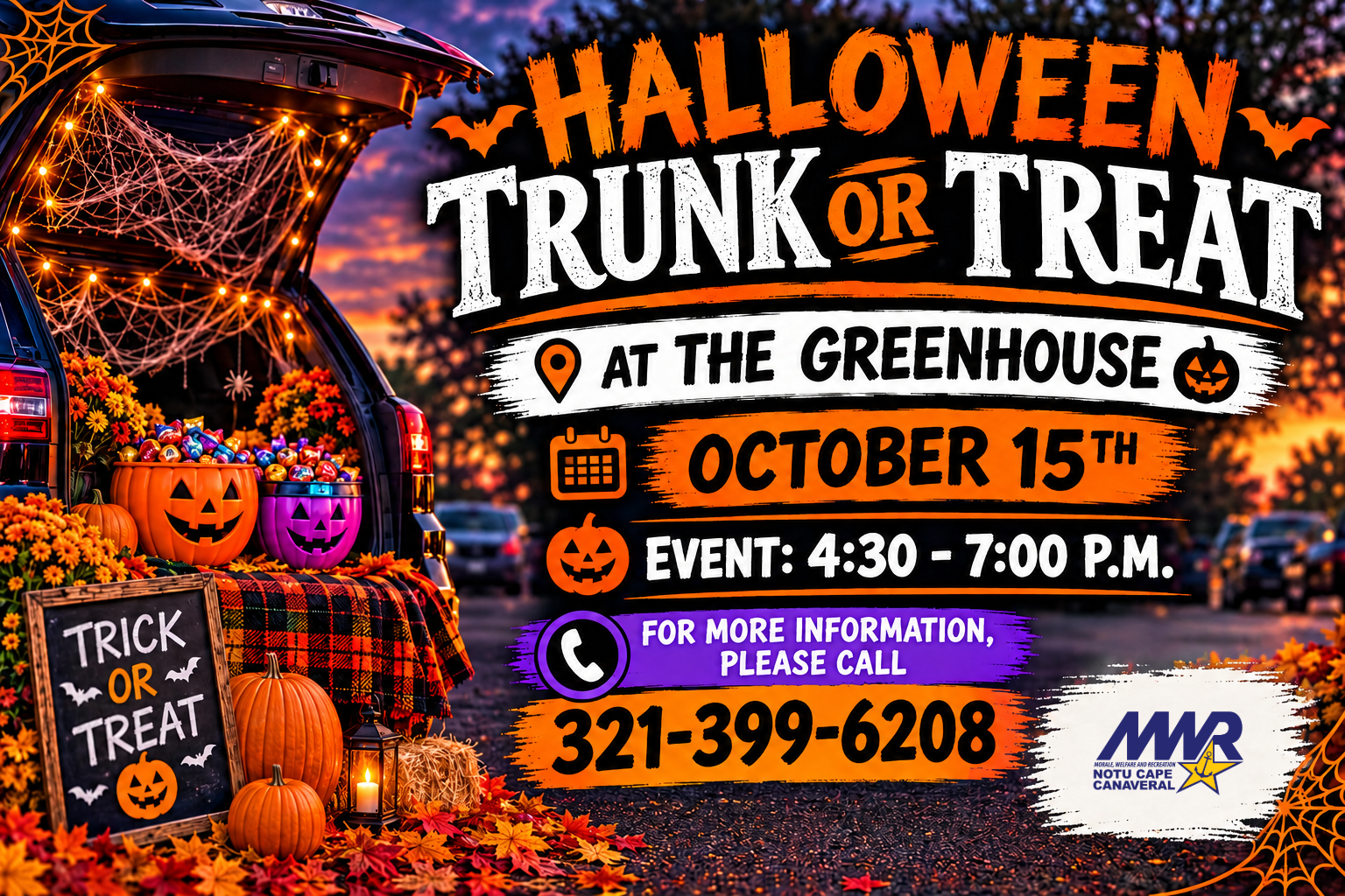 Ad for Trunk or Treat event on October 15 at the Greenhouse from 4:30 - 7 pm.