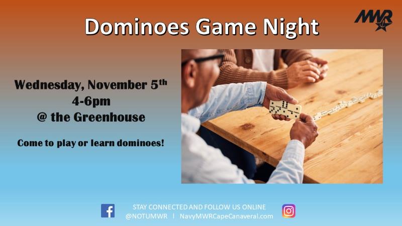 Ad for Dominoes Game Night on Wednesday, November 5 from 4 - 6 pm.