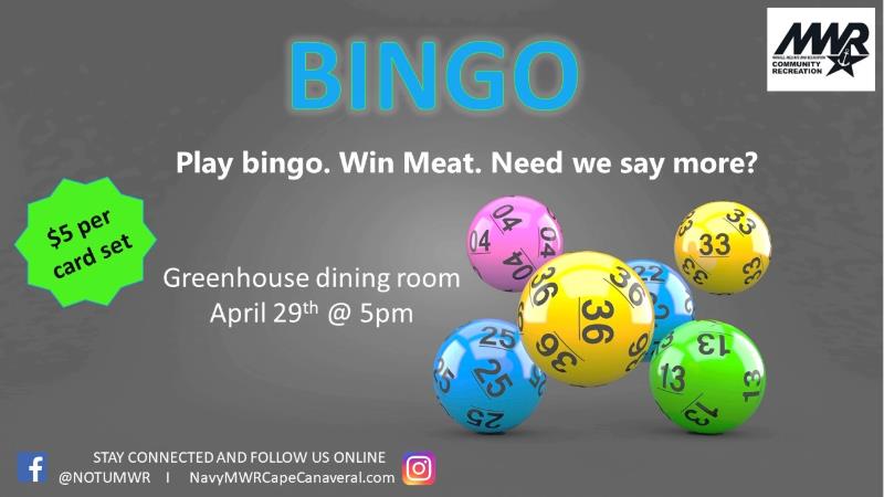 Ad for Bingo on April 29 at 5 pm in the Greenhouse Dining Room