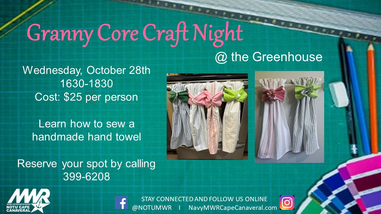 Ad for Granny Core Craft Night on October 28 at the Greenhouse from 4:30 - 6:30 pm.