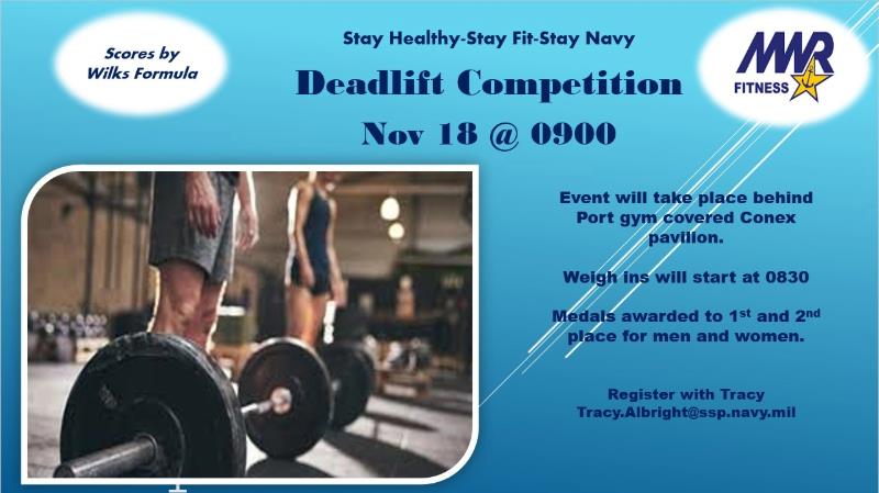 Ad for the Deadlift Competition on November 18 at 9 am.