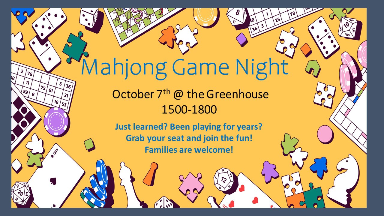 Ad for Mahjong Game Night on October 7 at the Greenhouse from 3 - 6 pm.