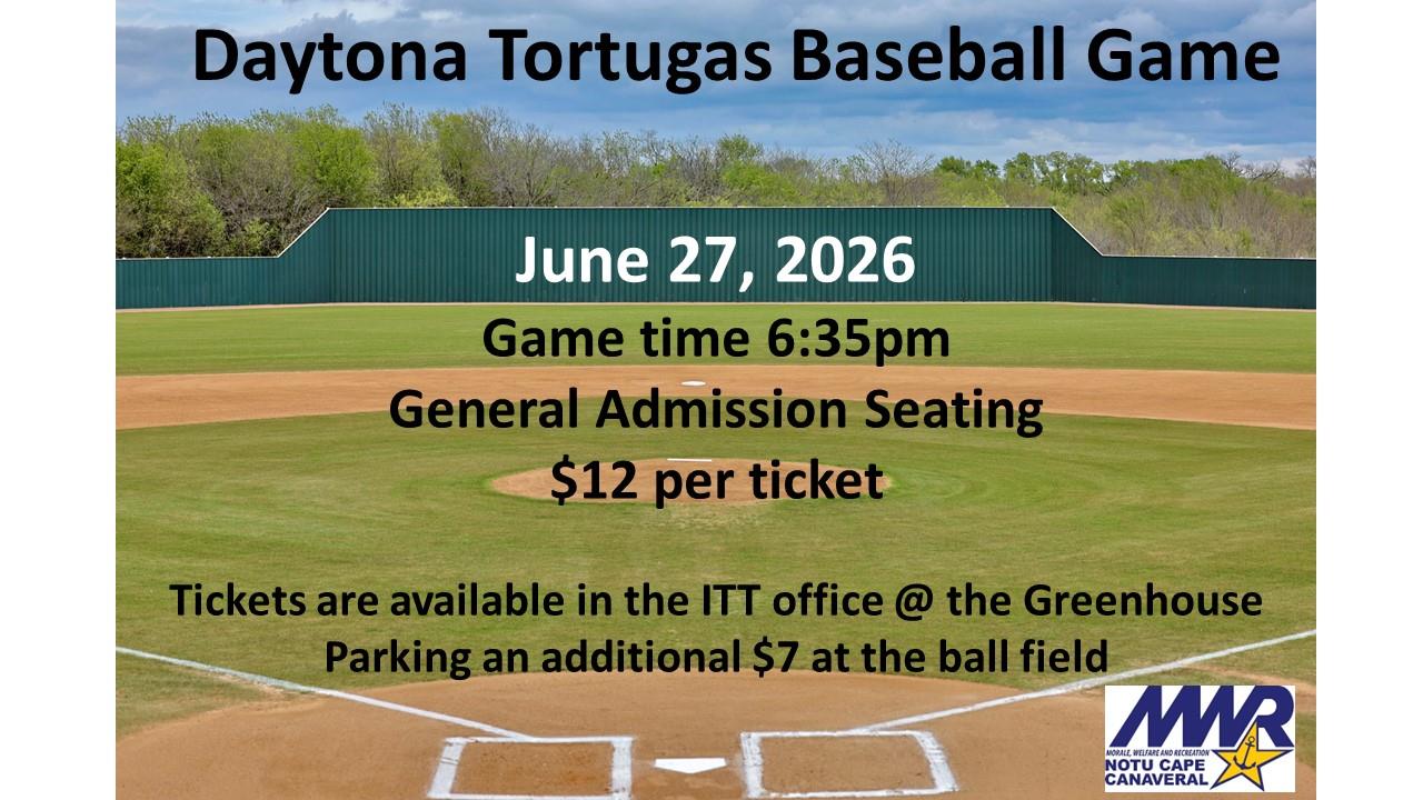 Daytona Tortugas Baseball Game ad June 27 at 6:35 pm tickets available at Tickets & Travel at the Greenhouse.